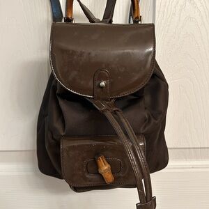 Vintage Gucci Brown Backpack Bamboo Handle Nylon Leather Adjustable Straps